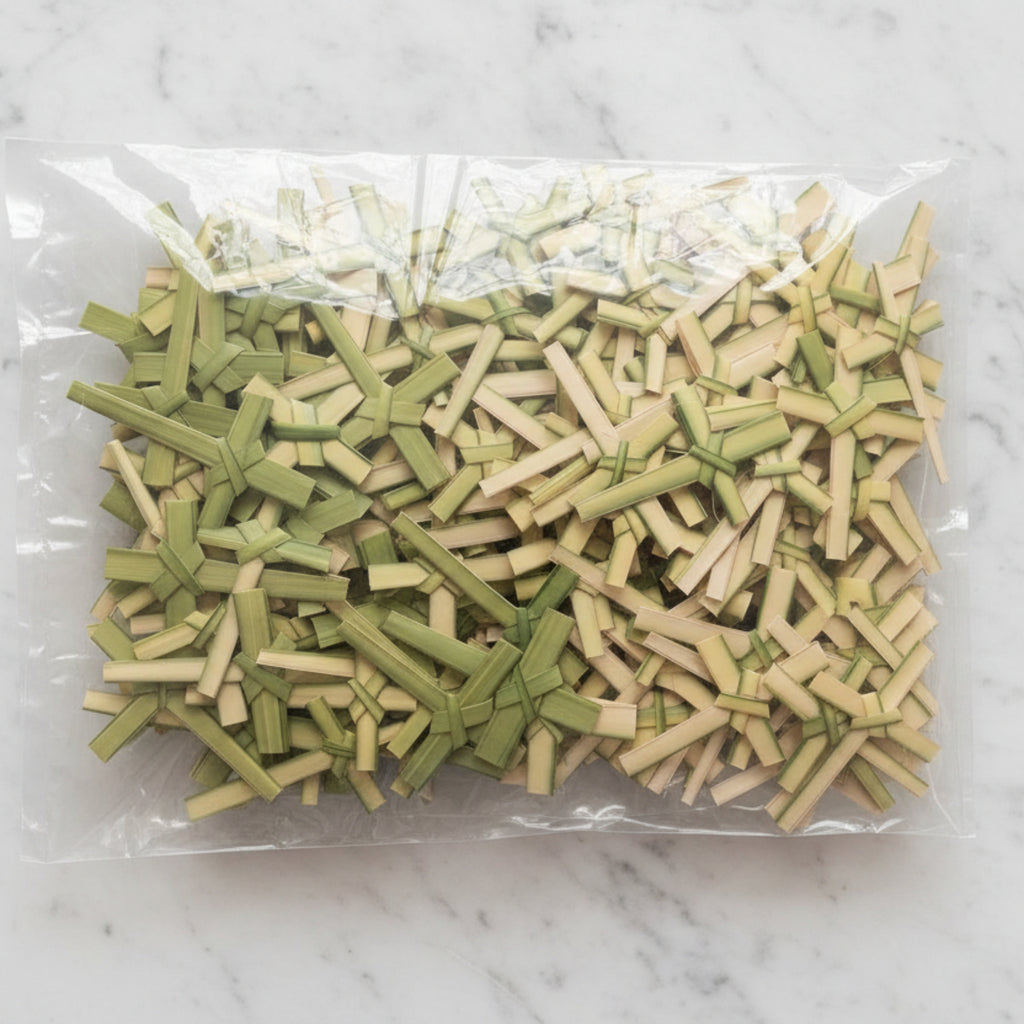 yellow paper crosses in a clear poly bag