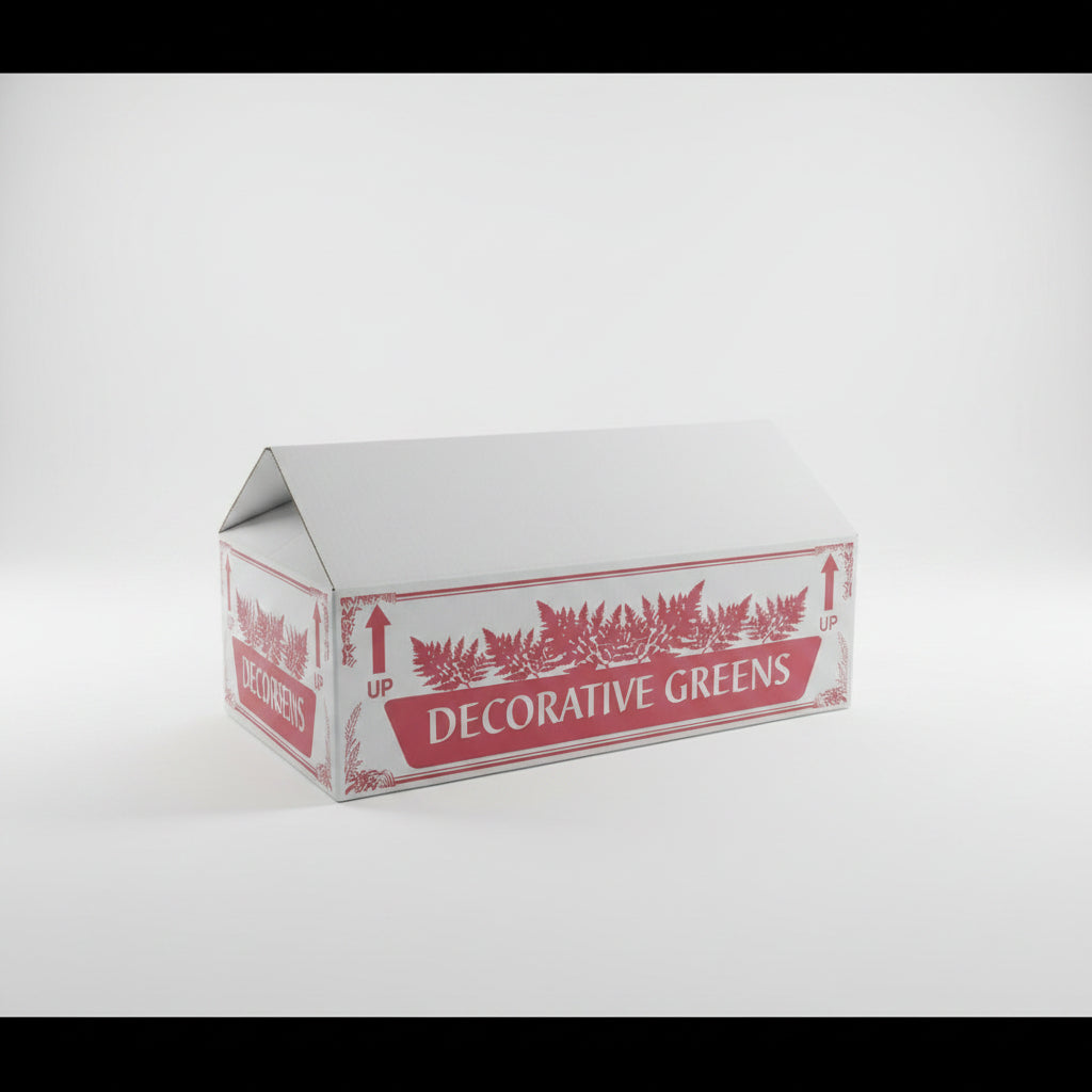 Box labeled 'Decorative Greens' on a wooden floor