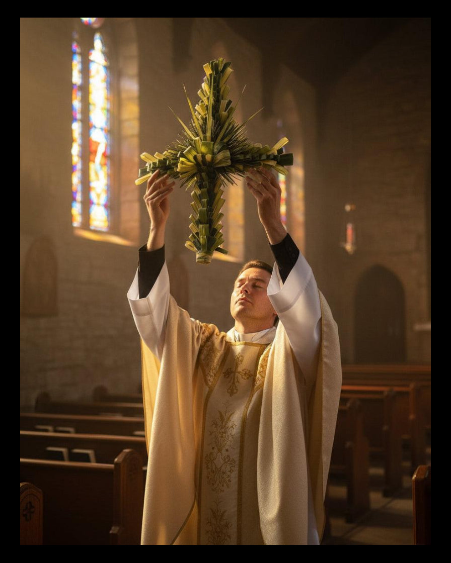 priest holding large crucifix
