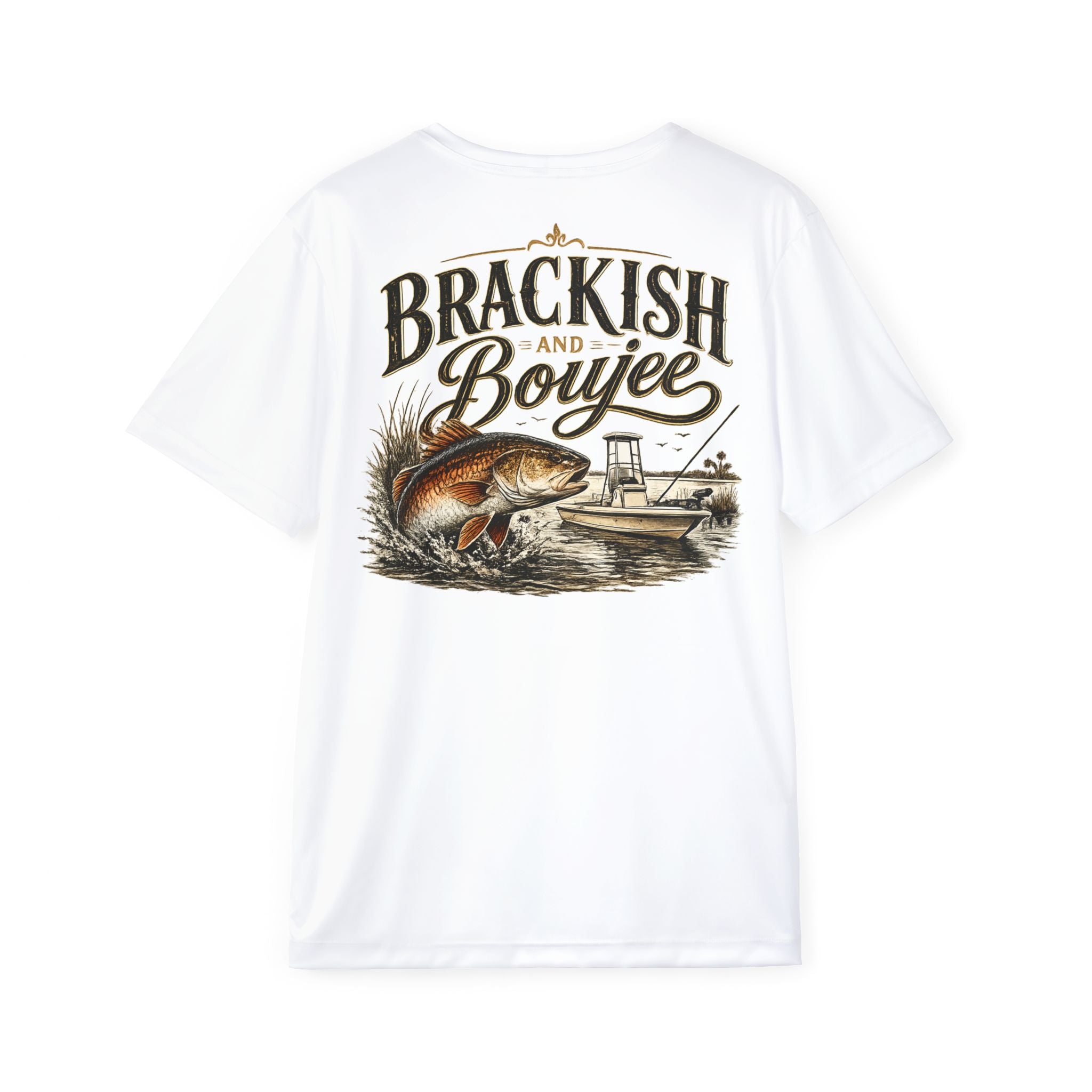 white shirt with redfish and boat