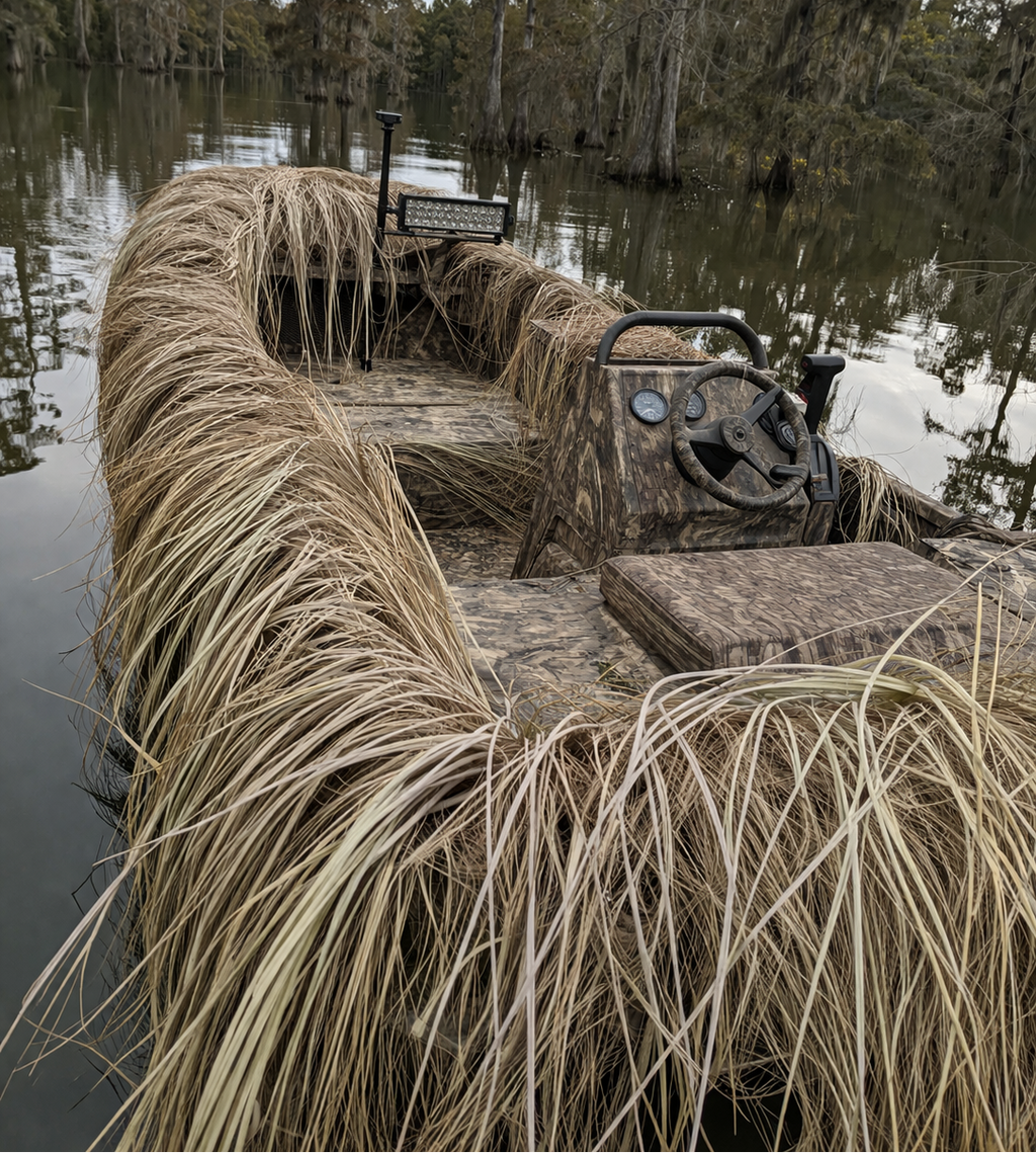 Camouflage boat on a body of water with trees in the background