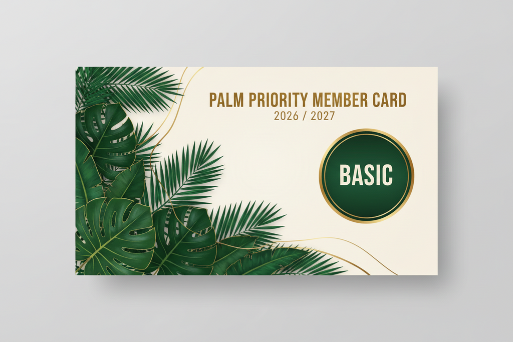 Palm Priority Member Card with green leaves on a beige background