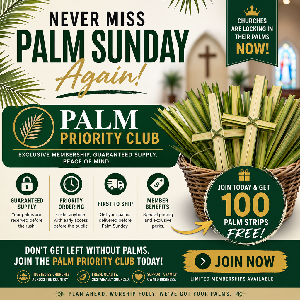 Promotional flyer for Palm Sunday with palm branches and church background