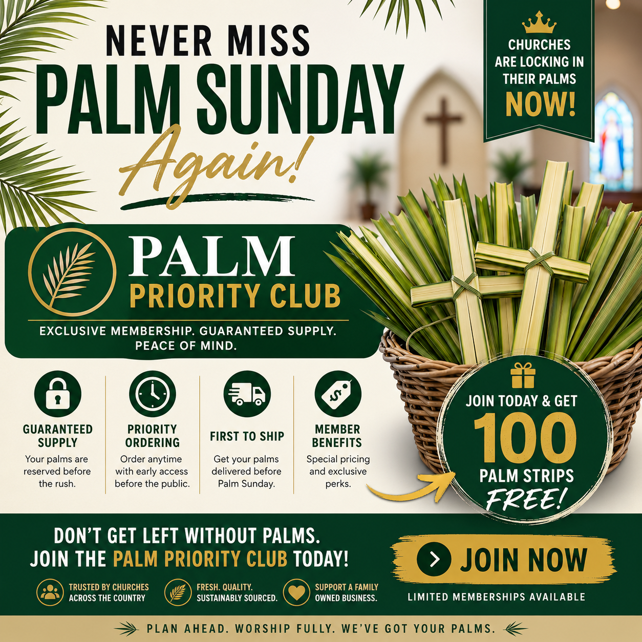Promotional flyer for Palm Sunday with palm branches and church background