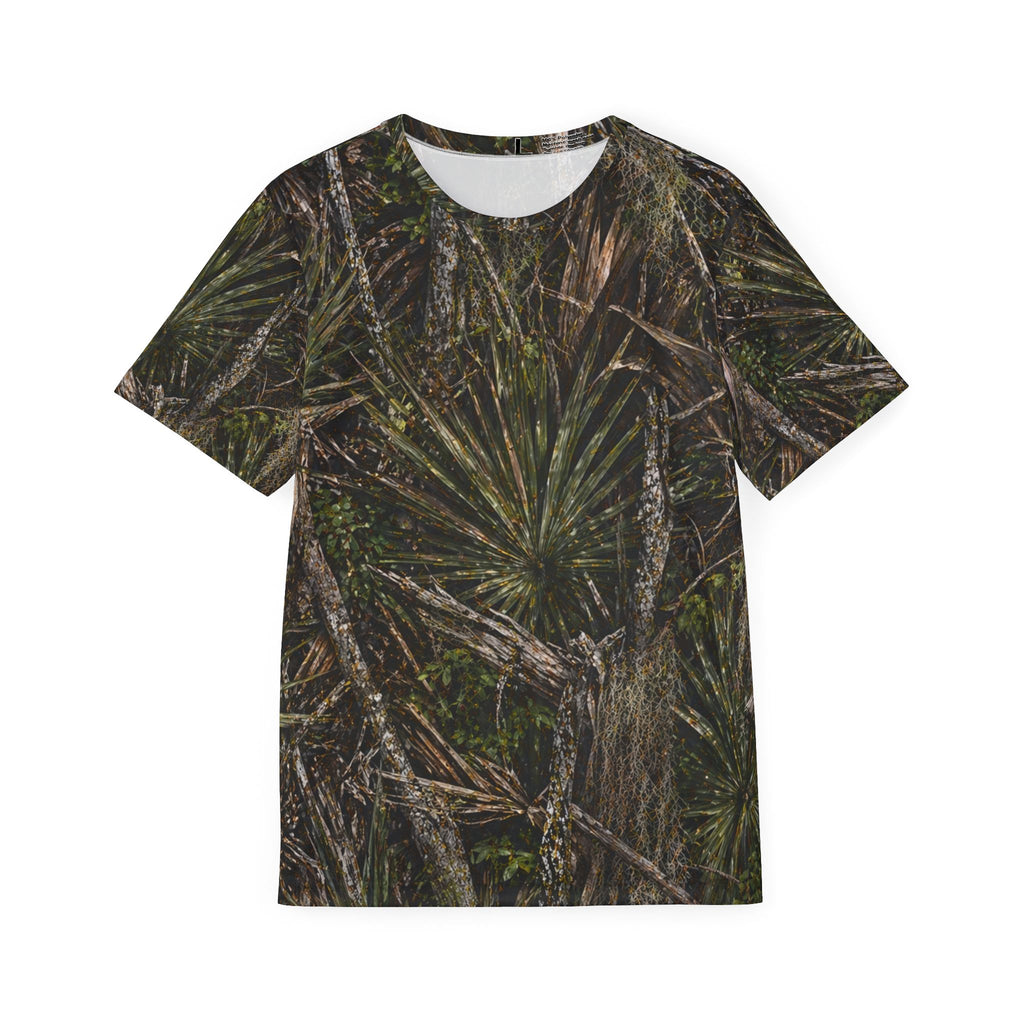 Camouflage-patterned t-shirt on a white background