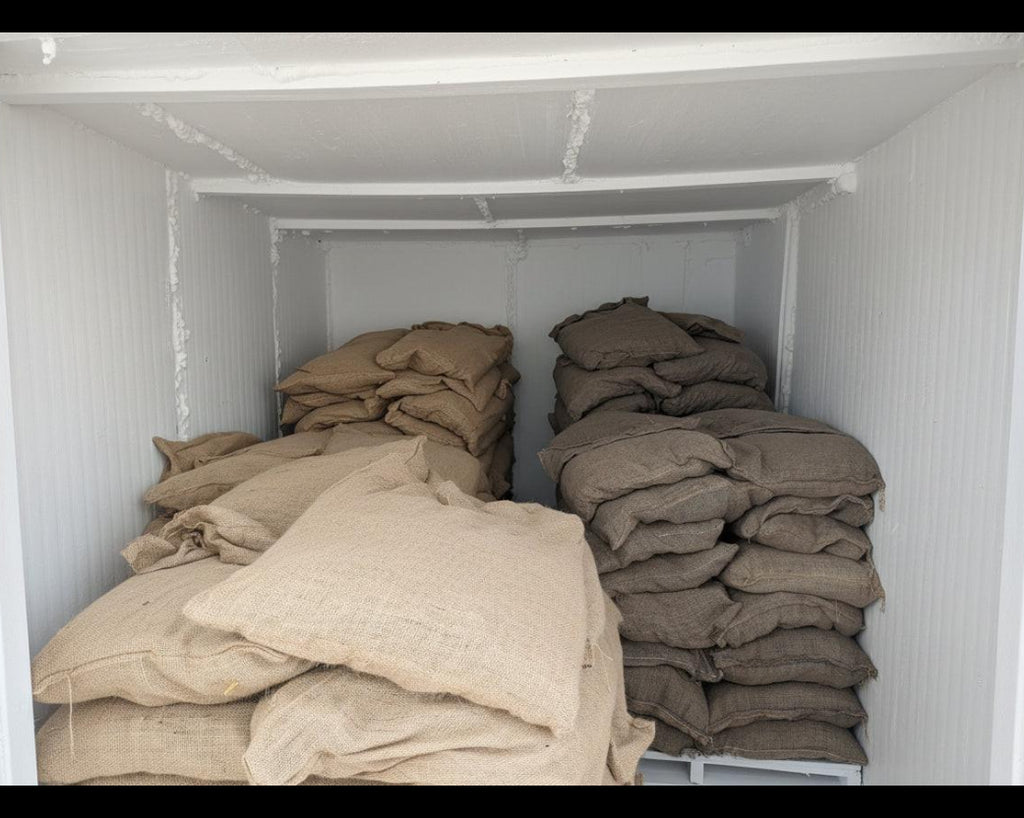 stacked burlap bags inside a walk in cooler
