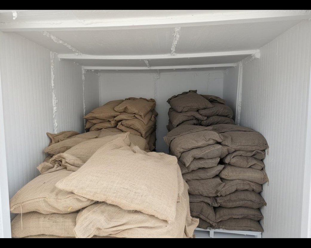 stacked burlap bags inside a walk in cooler
