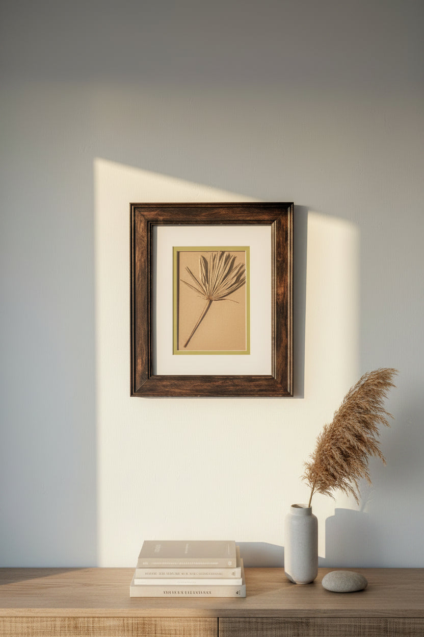 Framed artwork of a dried plant on a textured background