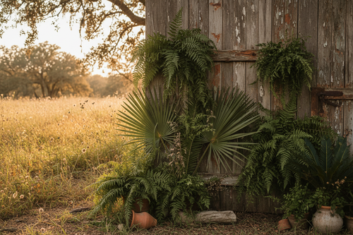 rustic background in a field with leather leaf fern, sago palm leaves, plumosa fern