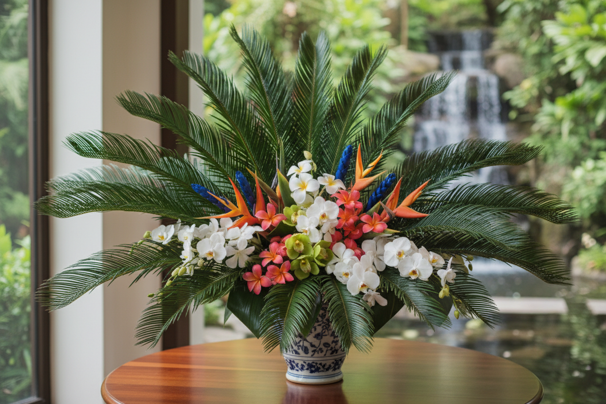sago palm leaf flower arraingment