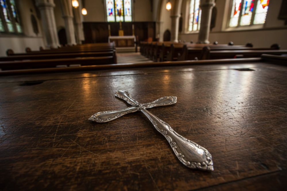 Silver cross pendant on a dark surface