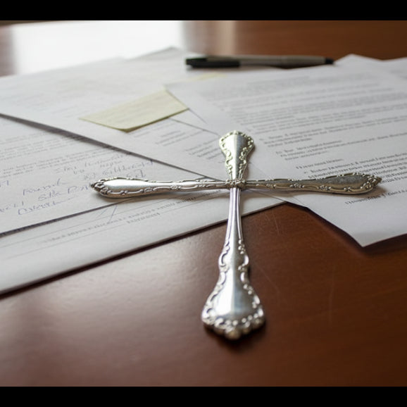 Silver cross on a desk with papers and pen

